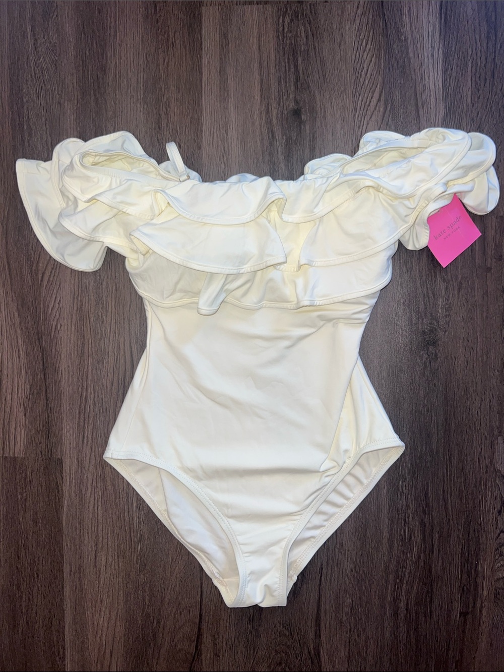 NWT Kate Spade Palm Beach Creamy Ivory Off-Shoulder Ruffle One-Piece Swimsuit